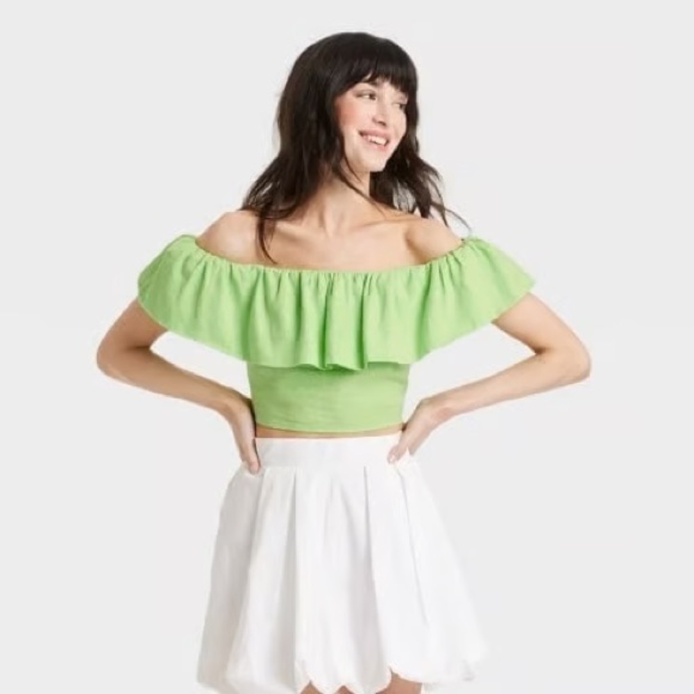 A New Day | Linen Blend Lime Green Off-Shoulder Crop Top
